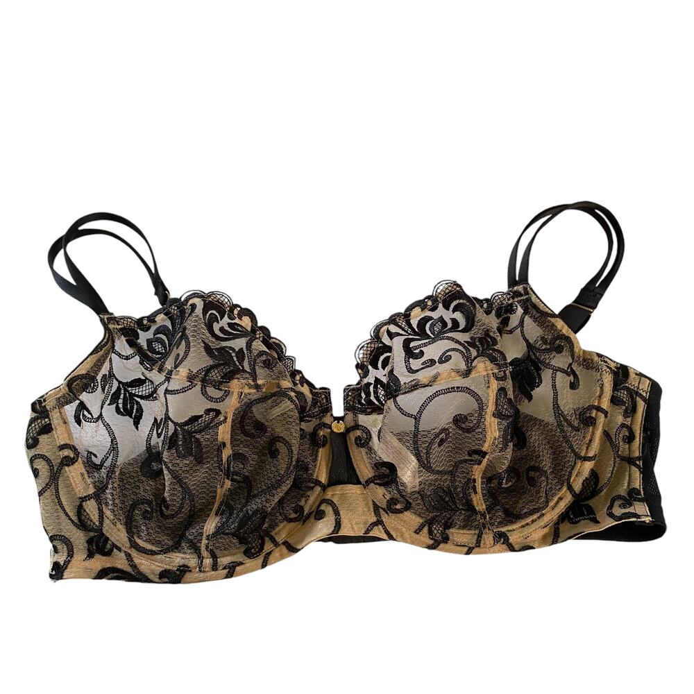 CACIQUE Bra Size 42DD Sheer Embroidered Black & Beige Sexy Pretty Lane Bryant
